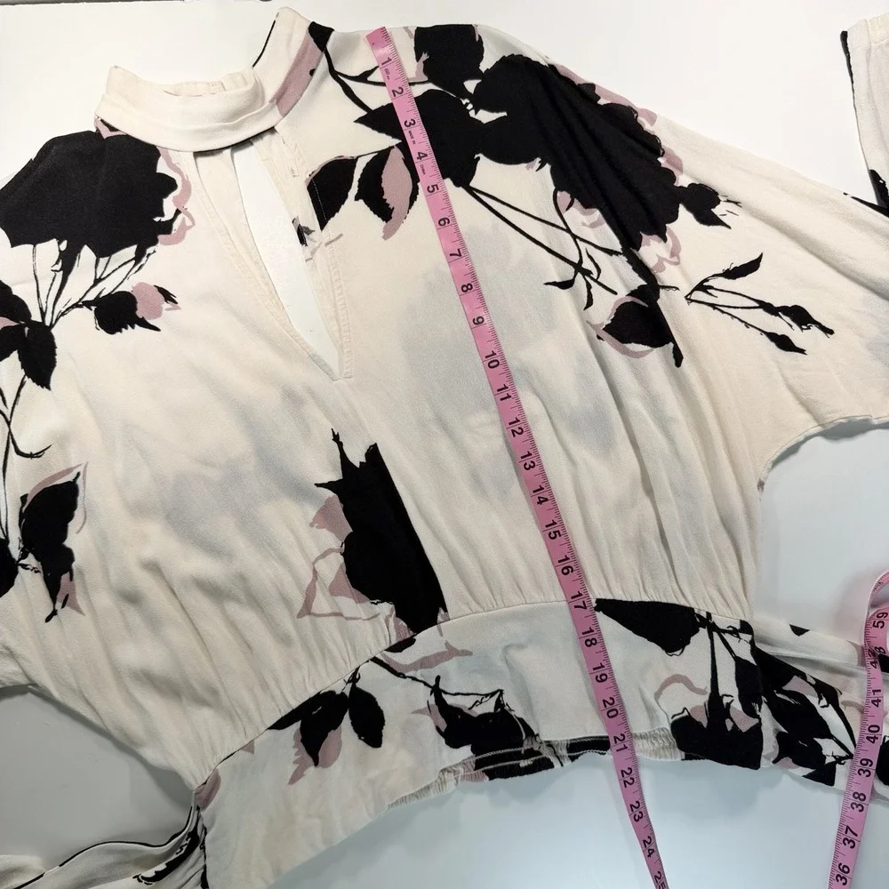 Free People Long Sleeve Ivory Black Floral Print Top Cutouts Tie Waist L‎